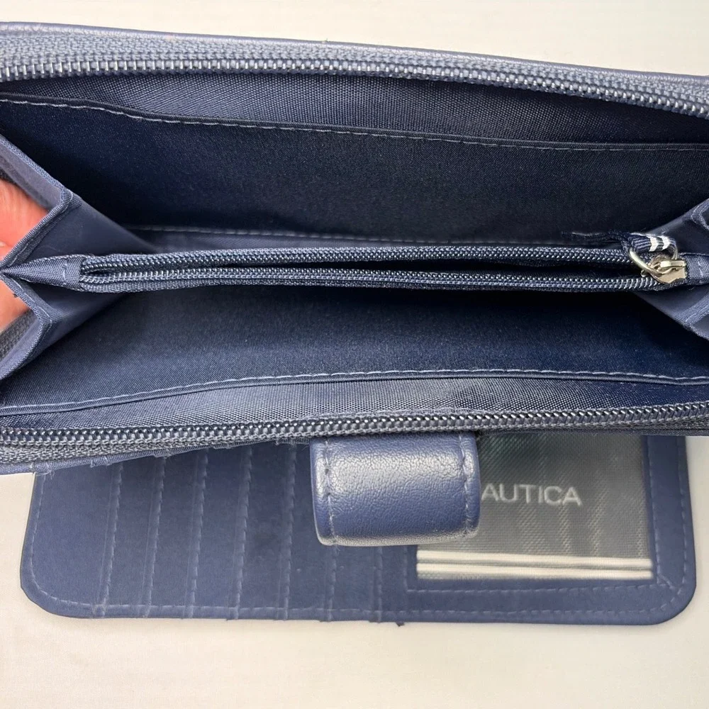Nautica Navy Blue RFID Blocking Zip Around Clutch Wallet Vegan Leather New